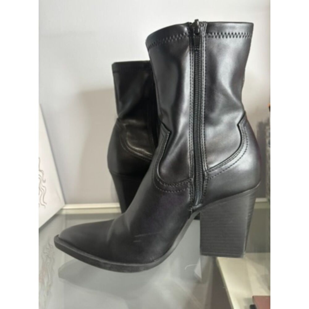 Black Faux Leather Block Heel Ankle Boots - Picture 3 of 5